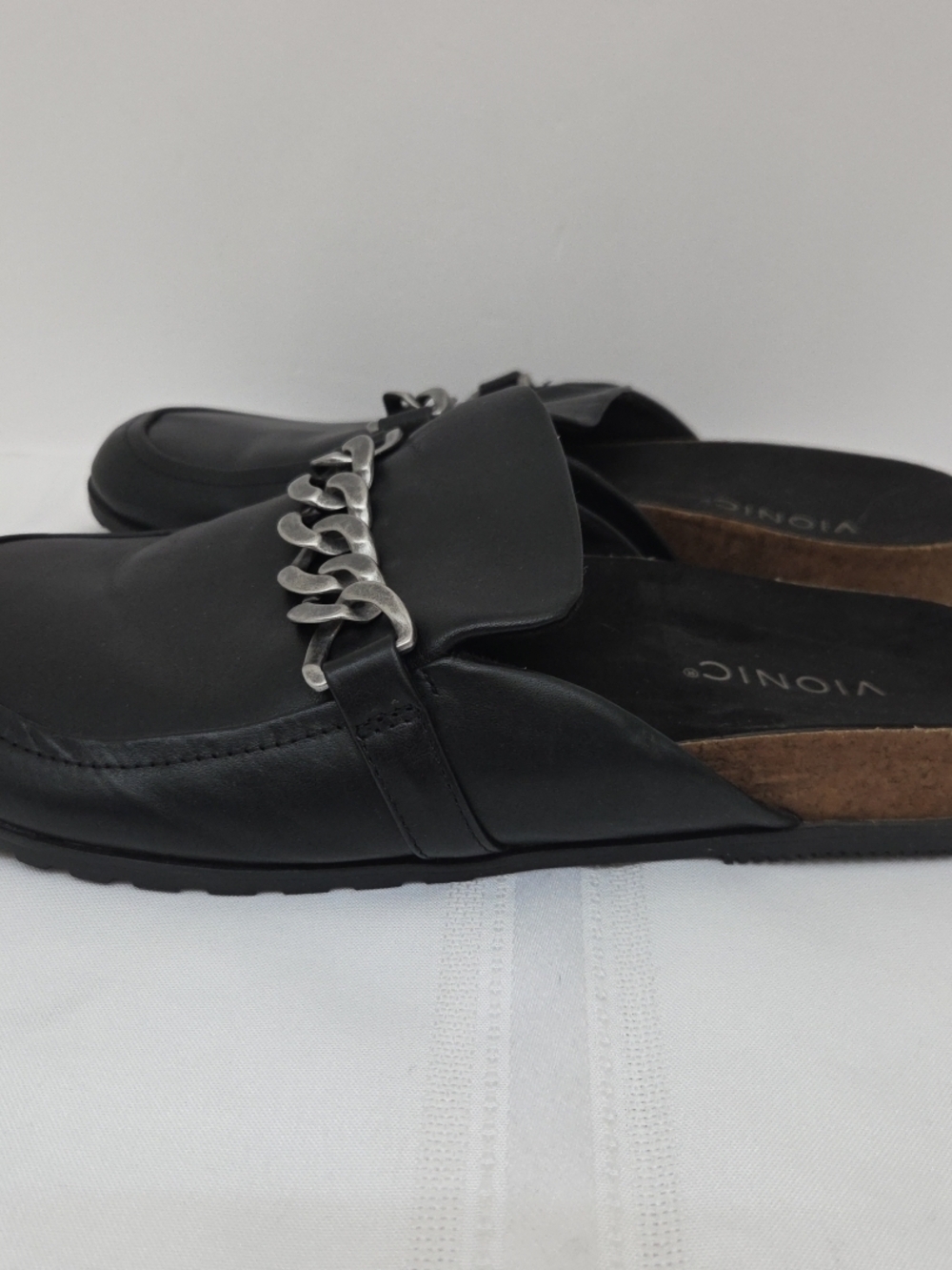 Vionic Black Leather Slip-On Mules with Silver Chain Size 11